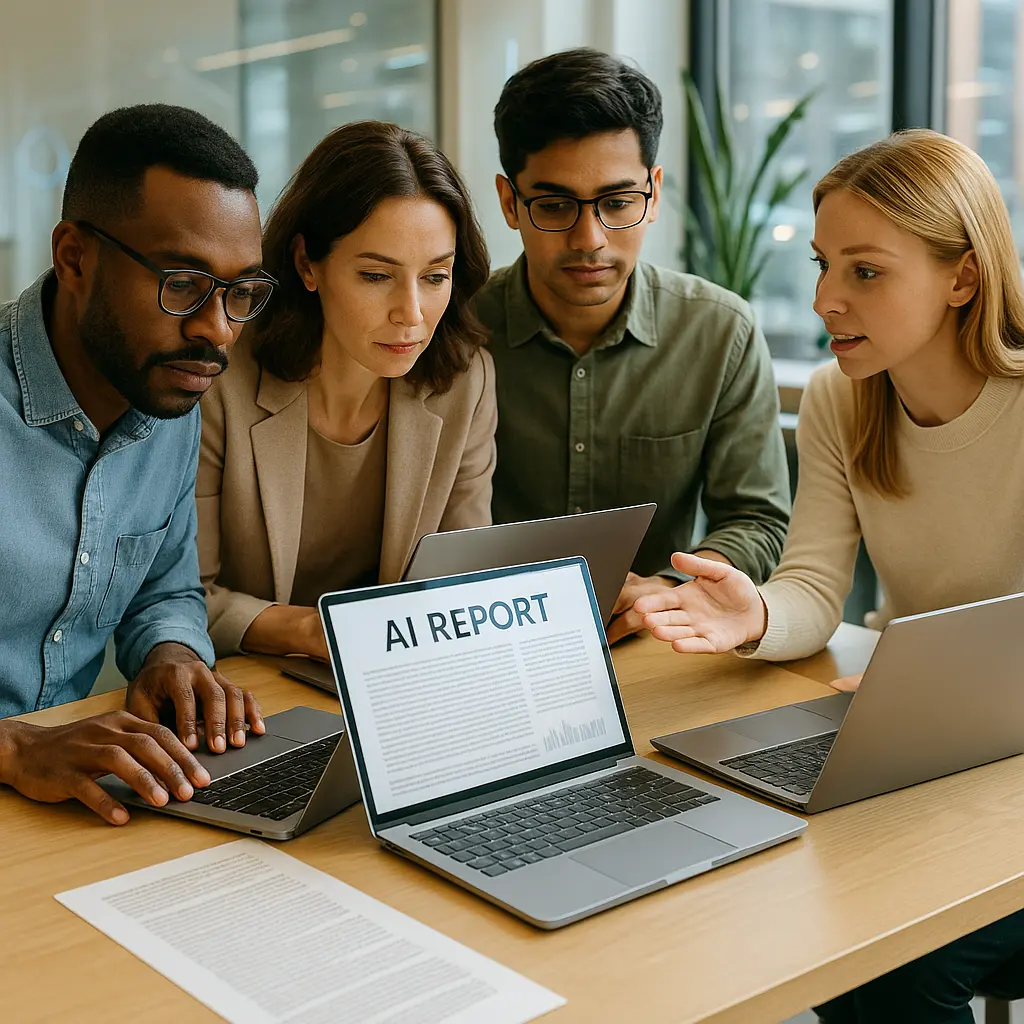 Schneller lesen lernen für den effizienten Einsatz von KI: Team scannt KI-Report mit SpeedReading-Techniken.